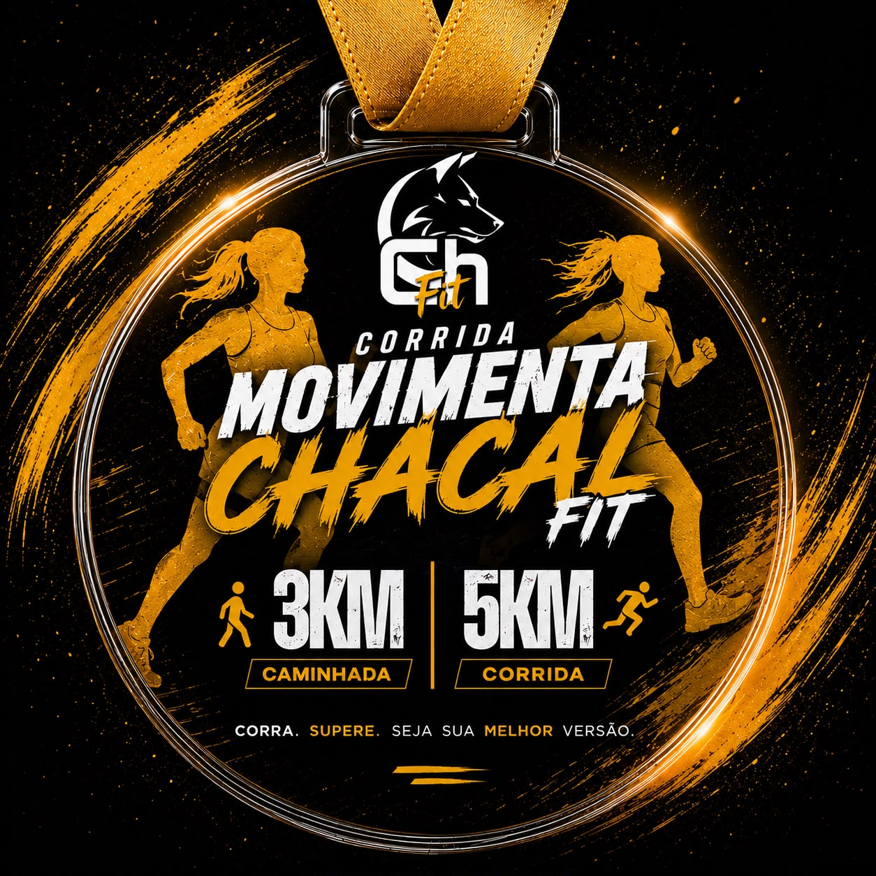 Medalha oficial da Corrida Movimenta Chacal Fit, com caminhada de 3 km e corrida de 5 km